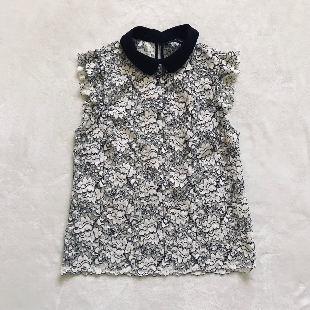 ZARA WOMAN | black & white lace collared blouse XS - Picture 6 of 7